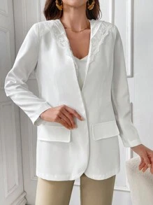 Modelyn Women's Fashionable Lace Spliced Hooded Blazers, Summer - White - View 6