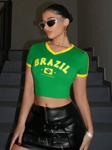 SHEIN ICON Y2k Slim Fit Brazilian Printed V-Neck Cropped Graphic T-Shirt With Decorative Edges Summer Casual Tops