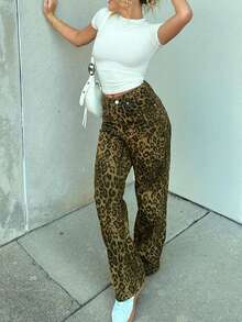 Quần Jeans Họa Tiết Da Báo Phong Cách Đường Phố Đơn Giản Mùa Xuân Hè Cho Nữ Quần Ống Rộng Ống Thẳng Rodeo - màu nâu - Xem 8