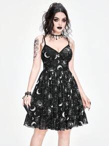 ROMWE Goth Vestido de alça com babado e estampa de rede de estrela e lua em estilo gótico com laço, feminino - Preto - Visão 6