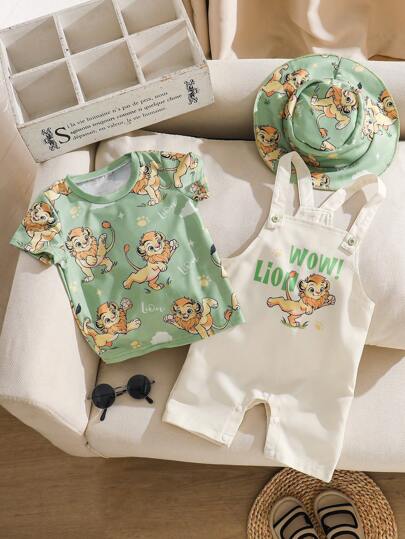 SHEIN Conjunto lindo y divertido de tres piezas para bebé niño con diseño de pequeño león para primavera/verano, atuendo con estilo