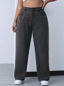 SHEIN EZwear Plus High Waist Straight Leg Jeans - Dark Grey - View 1