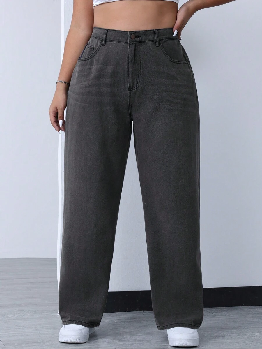 SHEIN EZwear Plus High Waist Straight Leg Jeans - Dark Grey - View 1