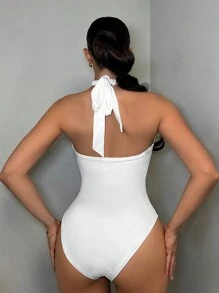 SHEIN x Marika Sila SHEIN SXY Summer Casual Street Women's Sexy Ruched Cutout Crisscross Halter Neck Bodysuit, Summer - White - View 5