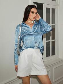 SHEINNeu 女士夏季休闲牛仔效果图案长袖衬衫。女士衬衫，女士夏季上衣，女士复古服装，女士长袖衬衫，夏季女士衬衫 - 彩色 - 查看 4