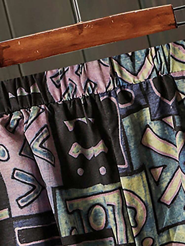 Plus Size Vacation Leisure Full Print Contrast Lace Hem Short Sleeve Shorts Set