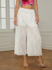 SHEINNeu Calça Capri Feminina de Perna Larga com Cordão Jacquard - Branco - Ver 7