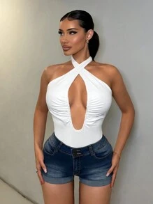 SHEIN x Marika Sila SHEIN SXY Summer Casual Street Women's Sexy Ruched Cutout Crisscross Halter Neck Bodysuit, Summer - White - View 4
