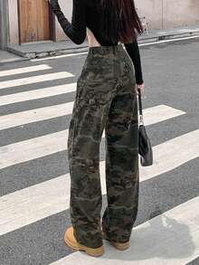 女士宽松休闲直筒牛仔裤，带口袋，夏季迷彩图案 - 軍綠色 - 查看 2