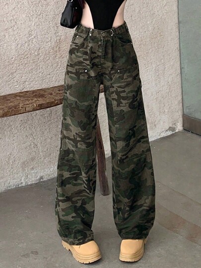 Women Loose Casual Straight Leg Jeans With Pockets, Summer Camouflage Print