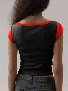 INAWLY Camiseta de cuello redondo de manga corta para mujer con impresión de letras de verano - Rojo - Ver 2
