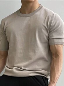 男士休闲纯色短袖套头针织上衣，春夏