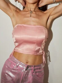 SHEINNeu 女士夏季粉色露胸短款上衣。夏季女士上衣，演唱会 - 珊瑚粉 - 查看 6