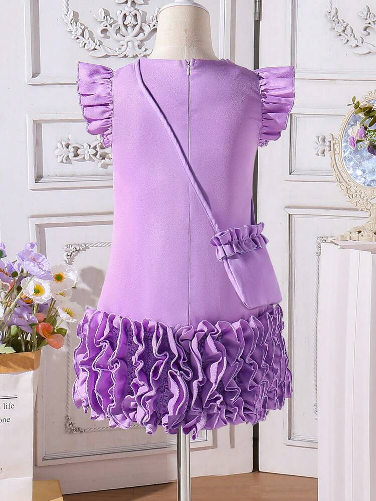 Young Girl Elegant Purple Asymmetrical Hem Dress With 3D Ruffle Trim