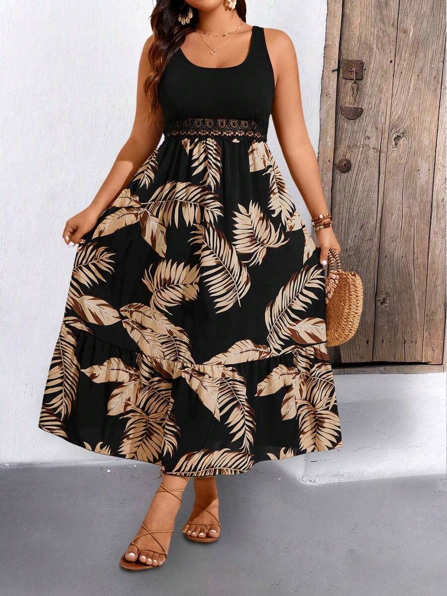 Breezaya 大码女式树叶印花无袖度假风格夏季波西米亚风连衣裙女装 - 黑色 - 查看 1