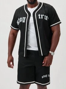 Manfinity Roughcore Conjunto de camiseta de manga corta con cuello redondo y pantalones cortos de verano de talla grande para hombre con estampado de letras - Blanco y Negro - Ver 2