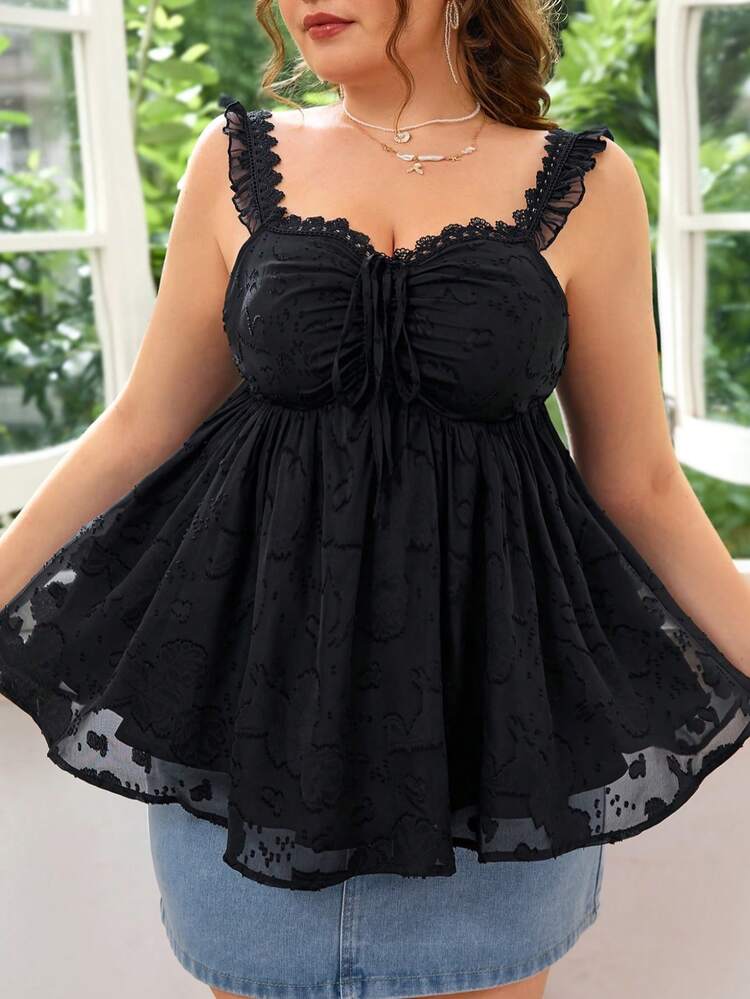 Casual Holiday Pastoral Black Texture Stitching Lace Fungus Drawstring Plus Size Cami Top
