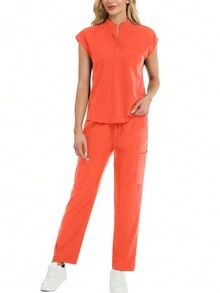 2pcs Women Stand Collar Nursing Uniform Scrub Set - Burnt Orange - View 5