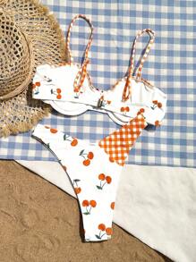 SHEIN Swim Women's Summer Beach Cherry Plaid Printed Sexy Bikini Set, Two-Piece Swimwear