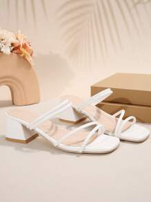 女士新款時尚高跟涼鞋，休閒白色交叉帶拖鞋，方頭粗跟開趾夏季鞋 - 白色 - 查看 4
