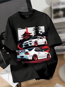 SHEIN Tween Boy Cool Car Print Round Neck Short Sleeve T-Shirt, Simple Style, Suitable For Summer - Black - View 1