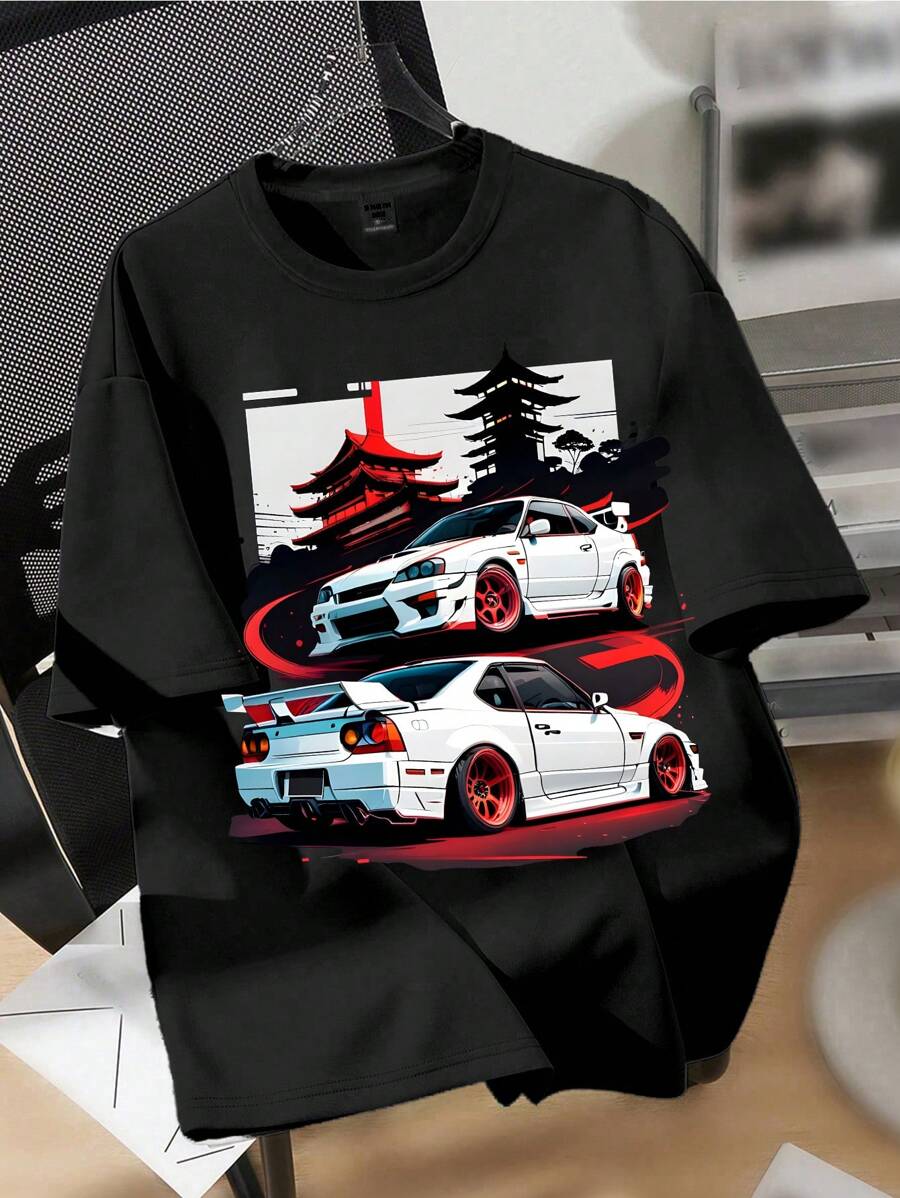 SHEIN Tween Boy Cool Car Print Round Neck Short Sleeve T-Shirt, Simple Style, Suitable For Summer - Black - View 1