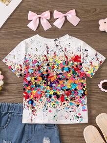 SHEIN 少女休閒簡約卡通多色印花短袖圓領 T 恤，適用於夏天