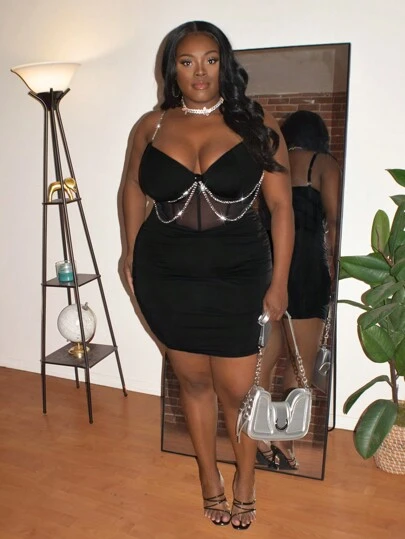 Maweii Plus Size Women's Spring/Summer New Year Black Sexy Hollow Out Bandage Front Avant-Garde French Casual Young Chic Fashion Elastic Knit Versatile Comfortable Undershirt Dress, Sexy Social Event/Holiday Outfit, Black Bodysuit, Formal Black Dress, Young Elegant Sexy Patchwork Sexy Top, Sexy Social Event/Holiday Outfit, Black Top, Black Jumpsuit, Black Bodysuit, Refined Transparent Off-Shoulder Fitted Solid Color