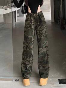 女士宽松休闲直筒牛仔裤，带口袋，夏季迷彩图案 - 軍綠色 - 查看 3