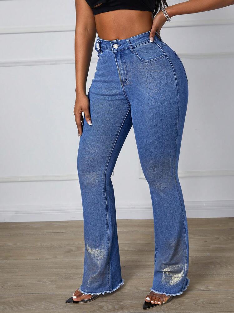 Women's Fashionable Slim Fit Gold-Stamped Jeans