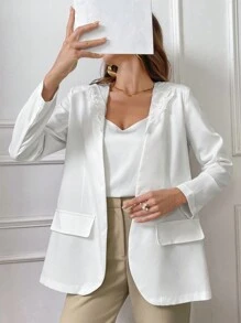 Modelyn Women's Fashionable Lace Spliced Hooded Blazers, Summer - White - View 5