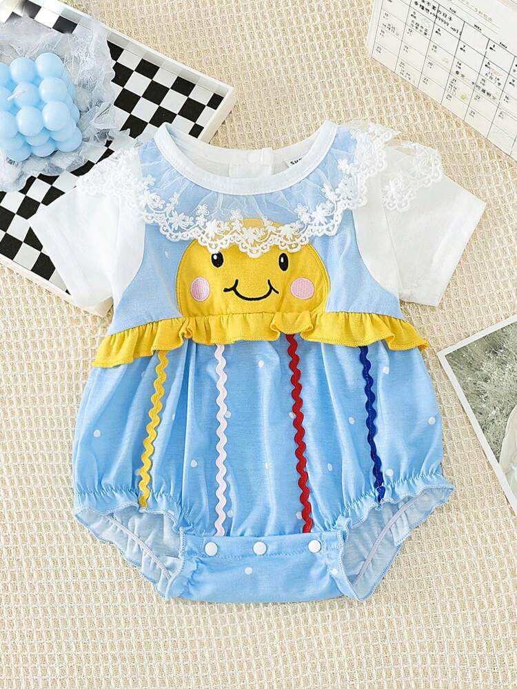 Baby Girl Round Neck Lace Trim Short Sleeve Bodysuit, Summer
