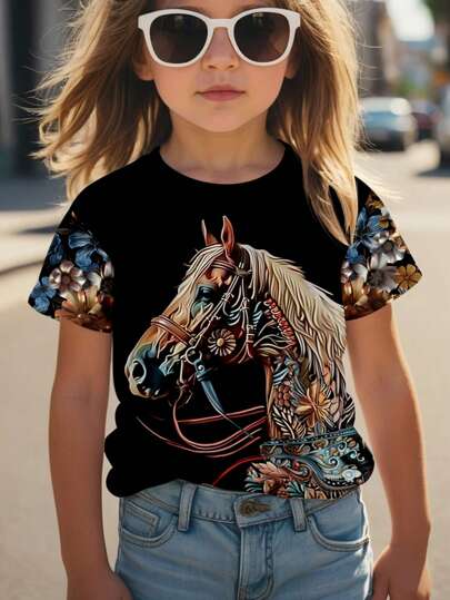 SHEIN Young Girl Casual Cartoon Horse & Floral Print Round Neck Short Sleeve T-Shirt, Suitable For Summer