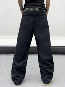 Manfinity Roghcode 男士街头图案休闲直筒休闲牛仔裤，纯色深色牛仔裤长款宽松纯黑色洗水工装牛仔裤，适合丈夫、男朋友的礼物 - 黑色 - 查看 2