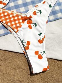 SHEIN Swim Women's Summer Beach Cherry Plaid Printed Sexy Bikini Set, Two-Piece Swimwear