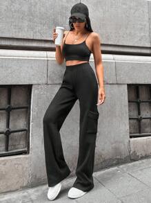 EURMUSE Wide Leg Cargo Pocket Sweater Pants - Black - View 6