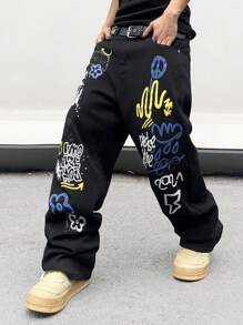 Manfinity Roghcode 男士街头图案休闲直筒休闲牛仔裤，纯色深色牛仔裤长款宽松纯黑色洗水工装牛仔裤，适合丈夫、男朋友的礼物 - 黑色 - 查看 4