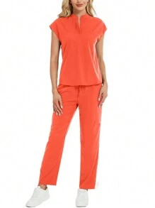 2pcs Women Stand Collar Nursing Uniform Scrub Set - Burnt Orange - View 7