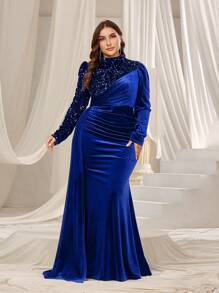 Faeriesty Curve Plus Size Formal Evening Gown With Small Stand-Up Collar, Long Sleeves And Elegant Mermaid Skirt Design, Sequined Detailing For Banquets, Galas, Award Ceremonies, Weddings, And High-End Parties