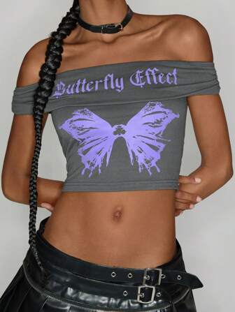 thegypsygoddess Artist Y2K Casual Butterfly Printed Off-Shoulder Slim Fit Cropped Top For Women, For Summer, Holiday, Vacation, Going Out, Festival, Ibiza Fits, Western Wear