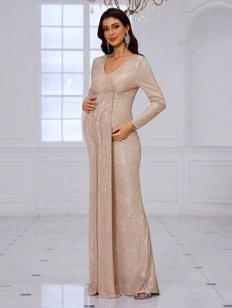 YISIKADO Maternity Elegant Luxurious V-Neck Sequin Long Sleeve Evening Party Dress