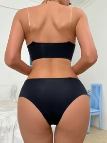 2pcs Summer Clear Straps Strapless Front Closure Push-Up Adhesive Invisible Bra Set - Black - View 2