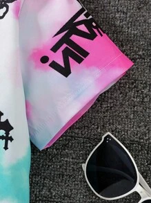 SHEIN 少女塗鴉印花襯衫與領帶 - 粉色 - 查看 3