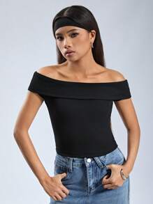SHEIN Teen Girl Black Off Shoulder Tight Knit Ribbed Top T-Shirt