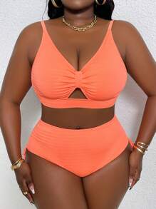 Conjunto de bikini de talla para mujer, de unicolor, con pliegues,, para la playa de verano - Naranja Quemada - Ver 5