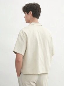 AKNOTIC Business Casual Cotton Men's Solid Color Camp Collar Loose Fitting Drop Shoulder Jacket, Suitable For Summer - Beige - View 5