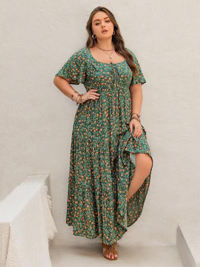 Rusttydustty Bohemian Green Floral Print Tie Flowing A Hem Casual Plus Size Dress Boho Easter Beach Outfits Hawaii Music Festival Tropical Vacation