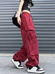 Pantalon casual à cordon de serrage avec design de poche vintage pour femmes - Rouge - Voir 3