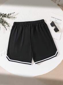 Leap Crew Quần short vải tương phản màu sắc thường ngày cho bé trai tuổi teen, dáng rộng, thích hợp mặc khi đi chơi, chơi thể thao, bóng rổ, mùa xuân/hè - màu đen - Xem 2