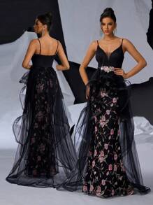 SHEIN Belle Elegant Black Straps V-Neck Bra Cups Upper Section Lace Waist Section Three-Dimensional Applique High Waist Thin Hem Mesh Splicing Fishbone Three-Dimensional Slimming Romantic Embroidery Flowers And Floor Dragging Pendulum Dating Bachelorette Party Graduation Wedding Event Heavy Industry Dinner Party